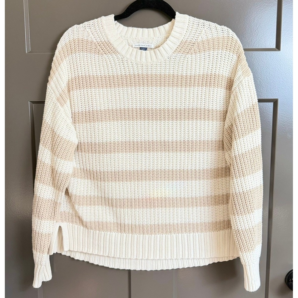 American Eagle Striped Shaker Stitch Cotton Sweater Cream Tan XS Oversized